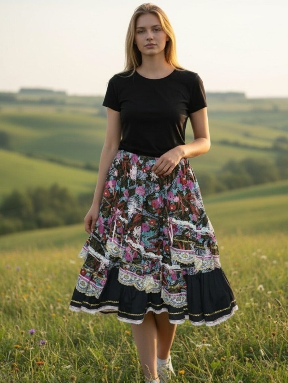 Vintage 80s Western Square Dance Rodeo Circle Skirt Lace Floral Ruffle S/M
